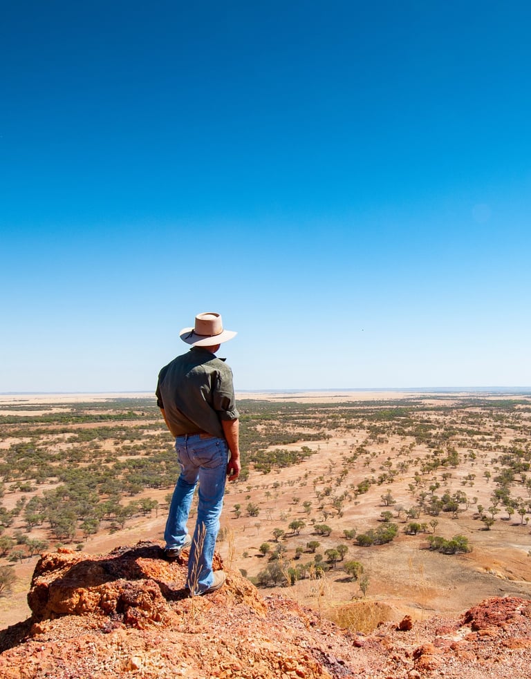map standing on rock looking over dry landscape, south-western QueenslandAdobeStock