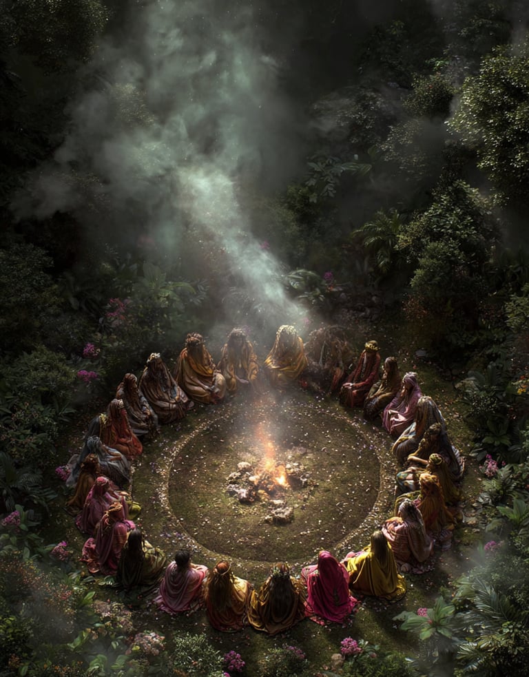 cercle de femmes sorcières autour d'un feu pendant Yule, le sabbat du solstice d'hiver