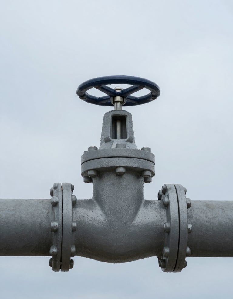 Close-up architectural photograph of a steel water control valve and concrete conduit, cool overcast daylight, sharp technical focus