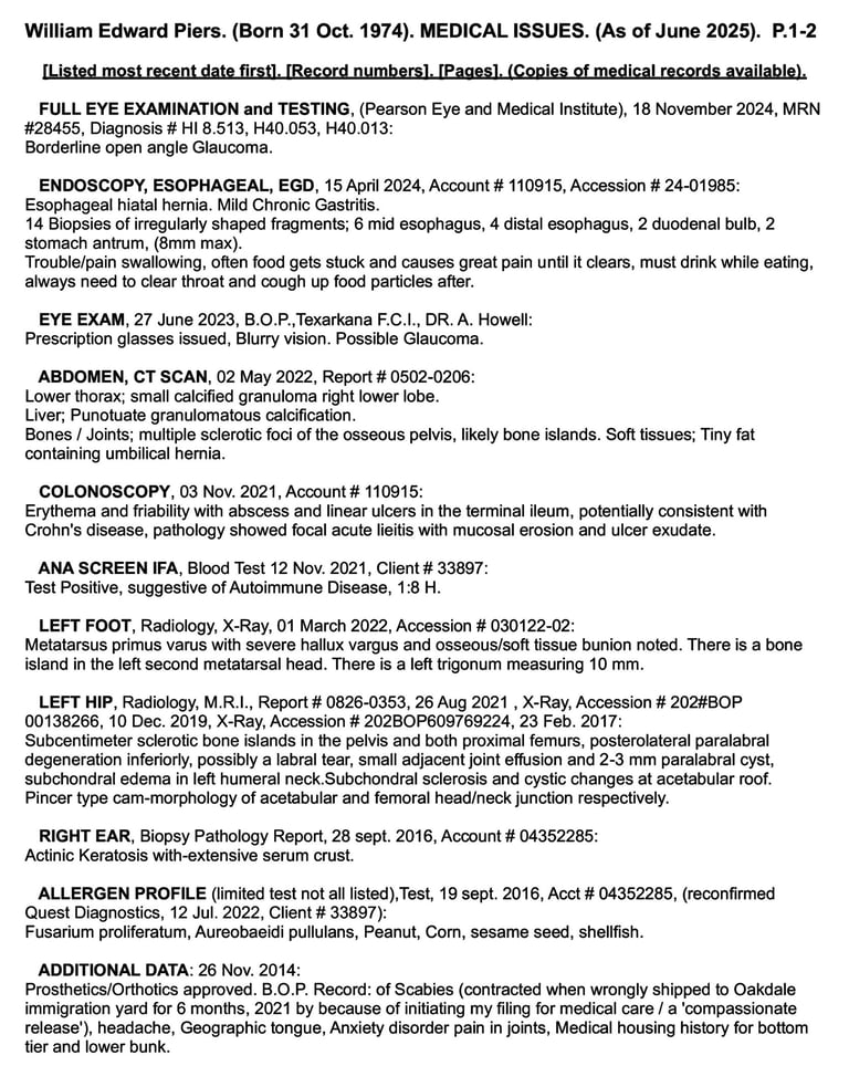 william edward piers medical issues from being wrongly imprisoned for 25 plus years. page 1 of 2.