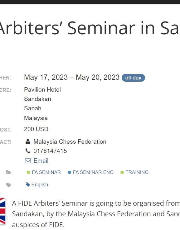FA Seminar 2023 Conducted By The Sandokan Chess Club in Sabah, Malaysia. 