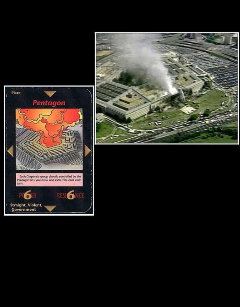 Foto de 2001 ao lado da Carta de 1995 mostrando Pentágono em chamas após atentado dia 11/09/2001