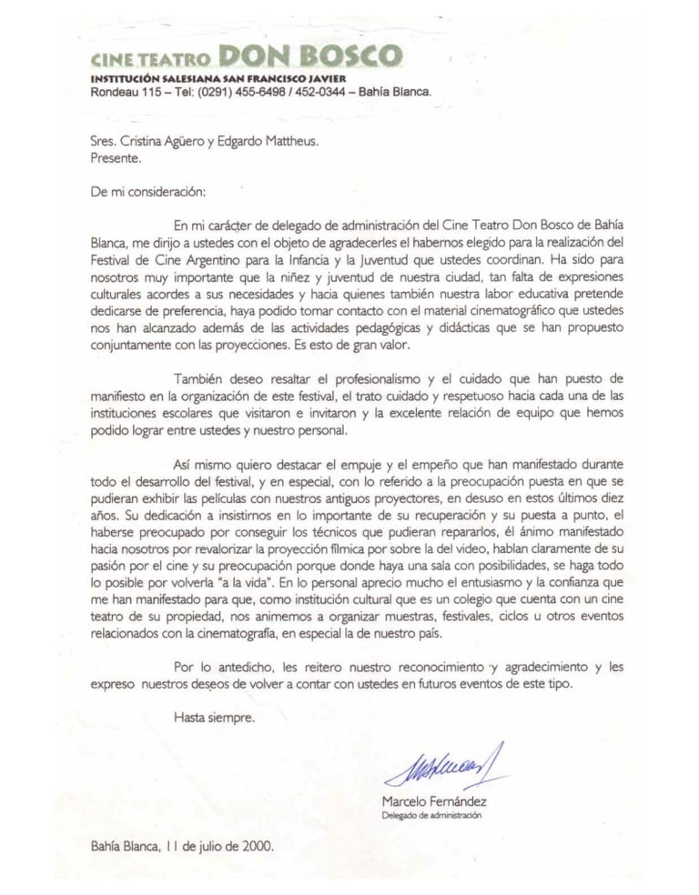 Carta Cine Teatro Don Bosco - Bahia Blanca - Bs. As.