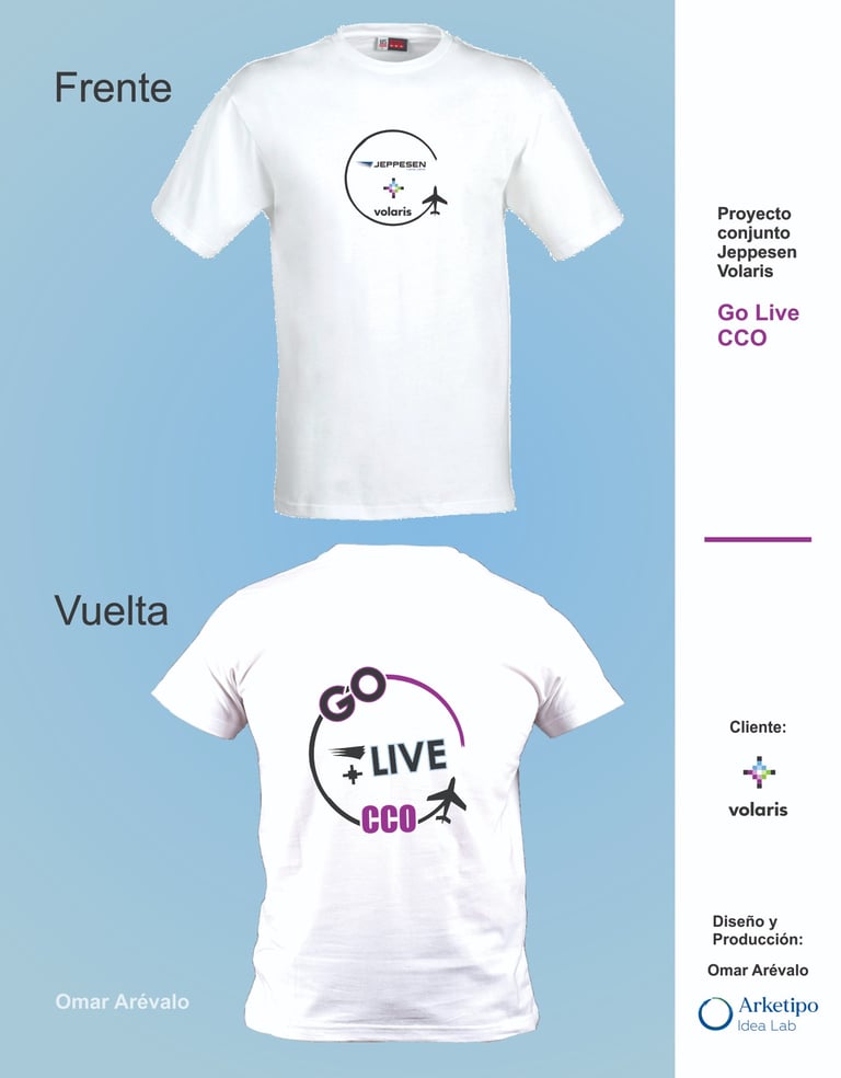 Diseño e impresión de camisetas para lanzamiento de proyecto Go Live CCO alianza Volaris/Jeppesen