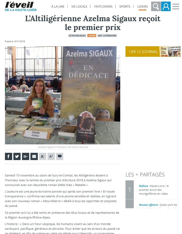 article leveil haute loire livre azelma sigaux azelma sigaux prix sury le comtal automnales du livre 2018