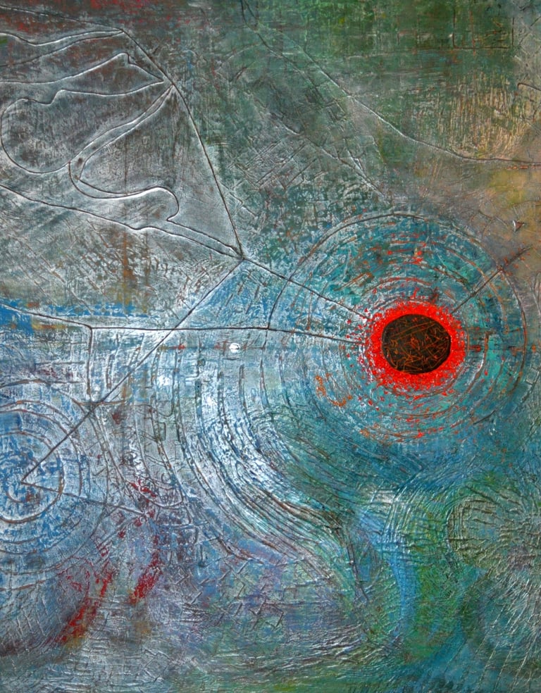 Waterverse' by Kristina Lee is a large abstract canvas using acrylic paint and other materials.