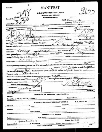 The immigration document for Maria Le Messier (Le Mesurier), dated 17 Jun 1916.