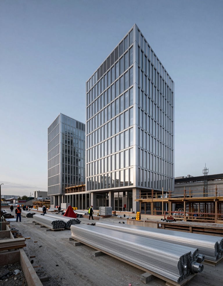 A wide-angle shot of a construction site in a French city at dawn. The sky is a soft Slate Blue. Workers are visible in the distance. Professional architectural photography style with Silver Grey building materials.