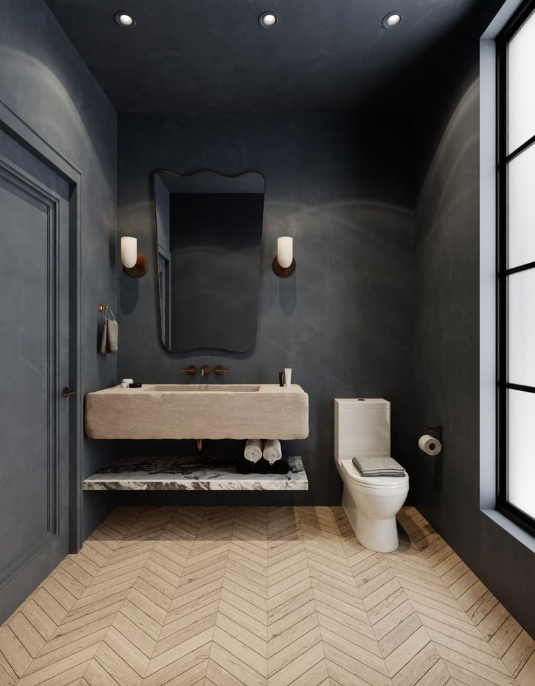 A modern bathroom featuring microcement