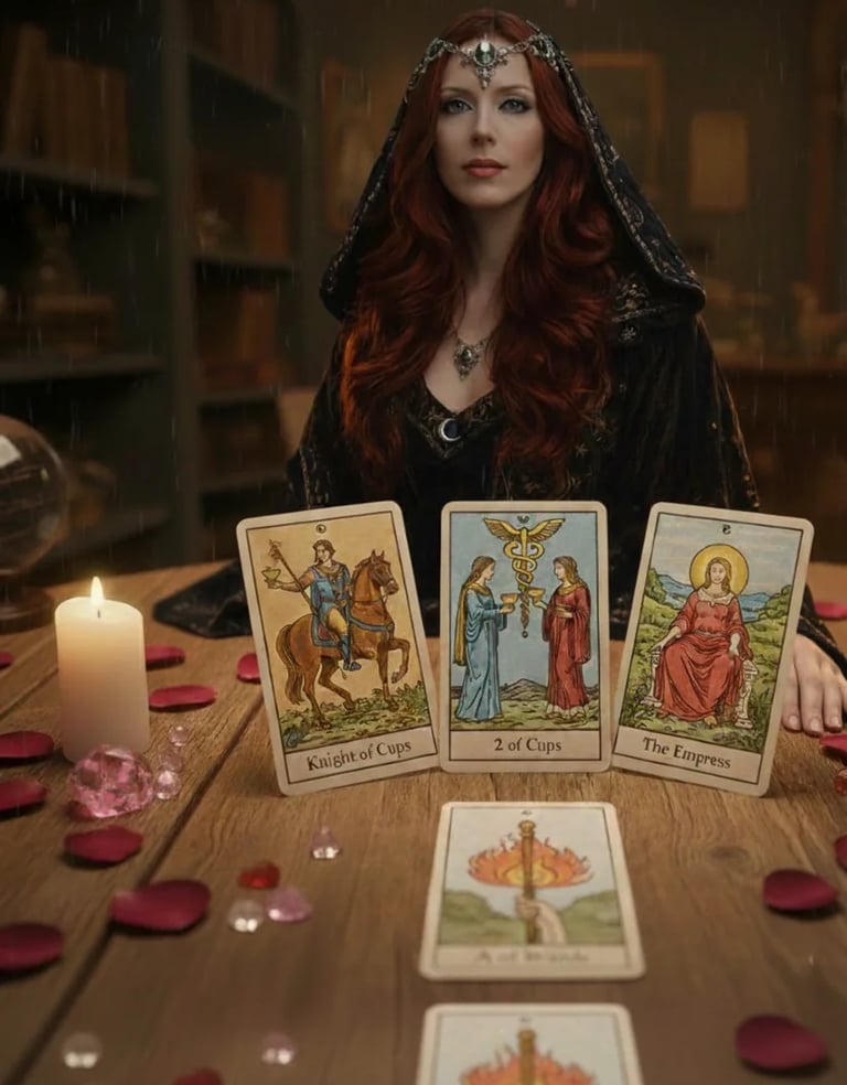 A tarot card reading with Rainie appearing in it with the Empress and Knight of Cups.