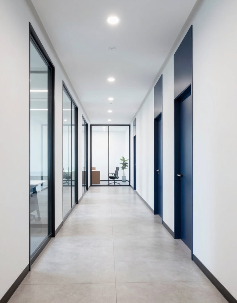 A bright and professional North American corporate office corridor with clean white walls and navy blue accents, large glass partitions, and sleek architectural lines.