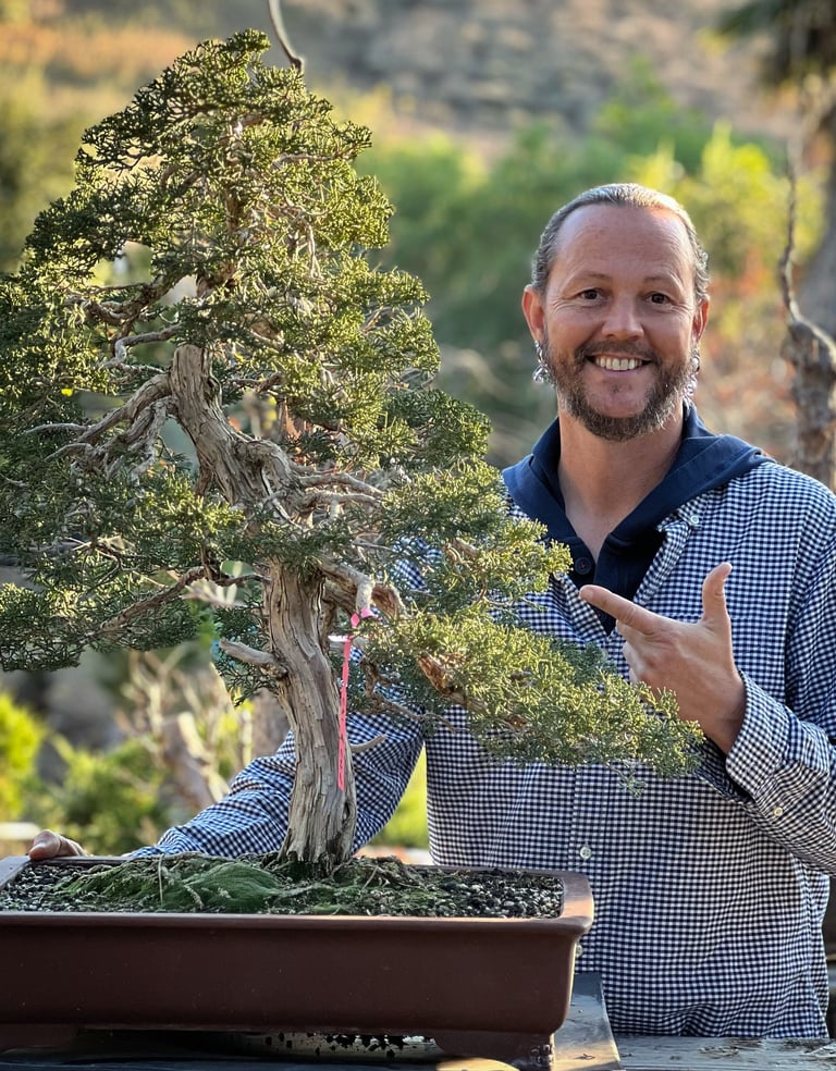 Colin Fraser Purcell stands with his Japanese Shimpaku Specimen Bonsai Tree
