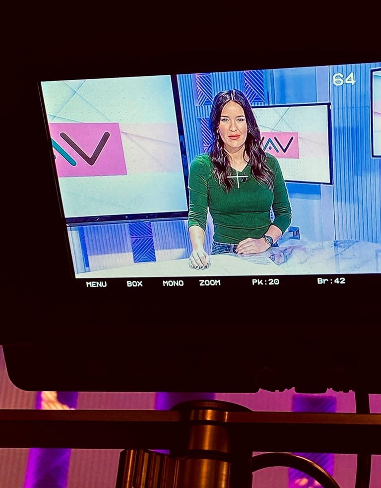 María Lázaro vista a través de la camara en una emisión de televisión