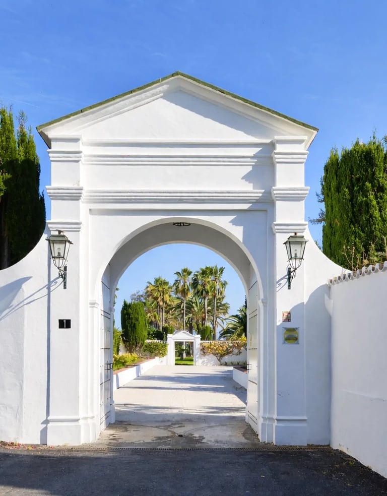 White entrance archway to beachfront hacienda