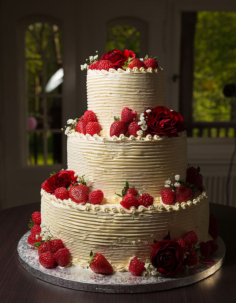 Leckere Hochzeitstorte mit Erdbeeren und Rosen