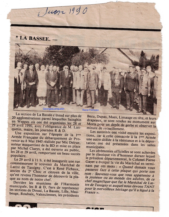 Inauguration de la rue du maréchal de Lattre de Tassigny avril 1990 Sainghin en Weppes