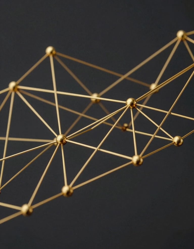 Abstract gold network nodes representing systemic excellence and enterprise integration by Abionori.