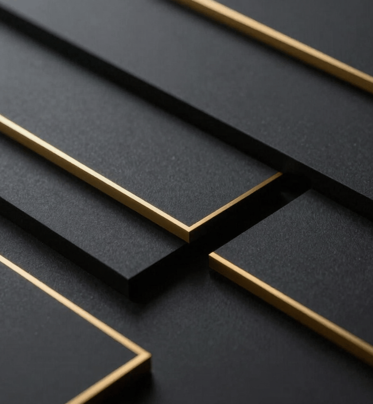 Schwarze geometrische Strukturen mit Goldkanten als Symbol für stabile Enterprise-IT-Architektur.