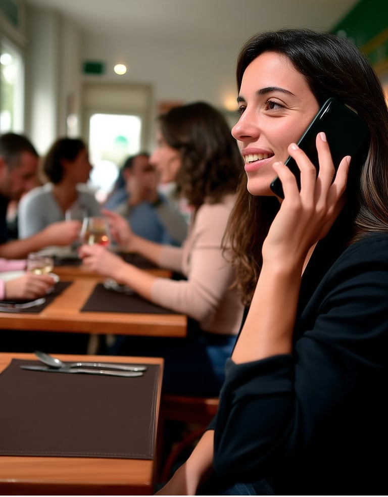 Una mujer sonriente habla por su celular mientras cena con amigos en un restaurante lleno.