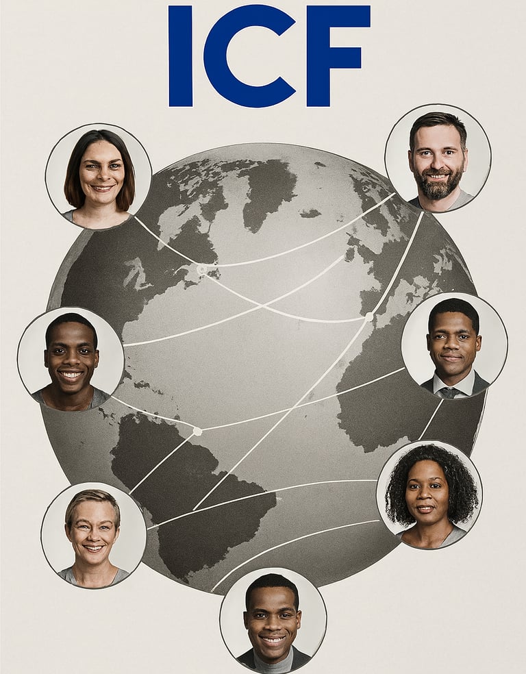 A globe with coaches connected worldwide under the ICF banner.