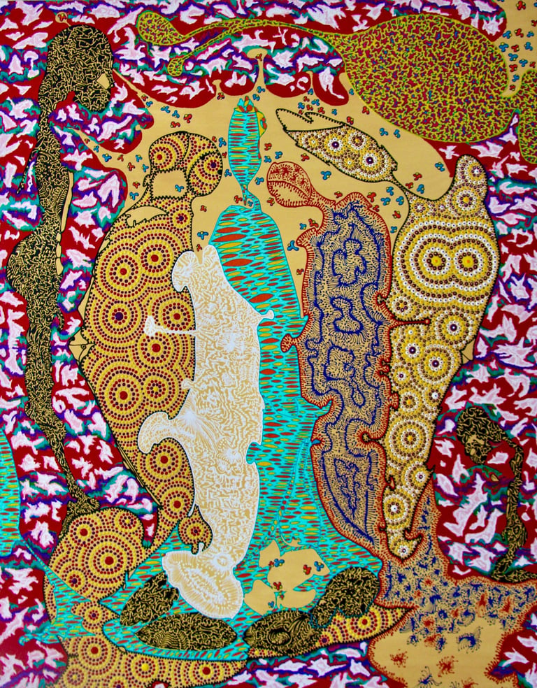 Vibrant abstract painting with intricate dot patterns, swirling shapes, and colorful organic forms in an Aboriginal art