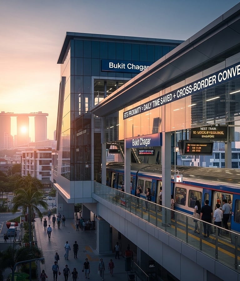 Commuters walking toward Bukit Chagar RTS station in Johor Bahru, highlighting fast cross-border connection to Singapore