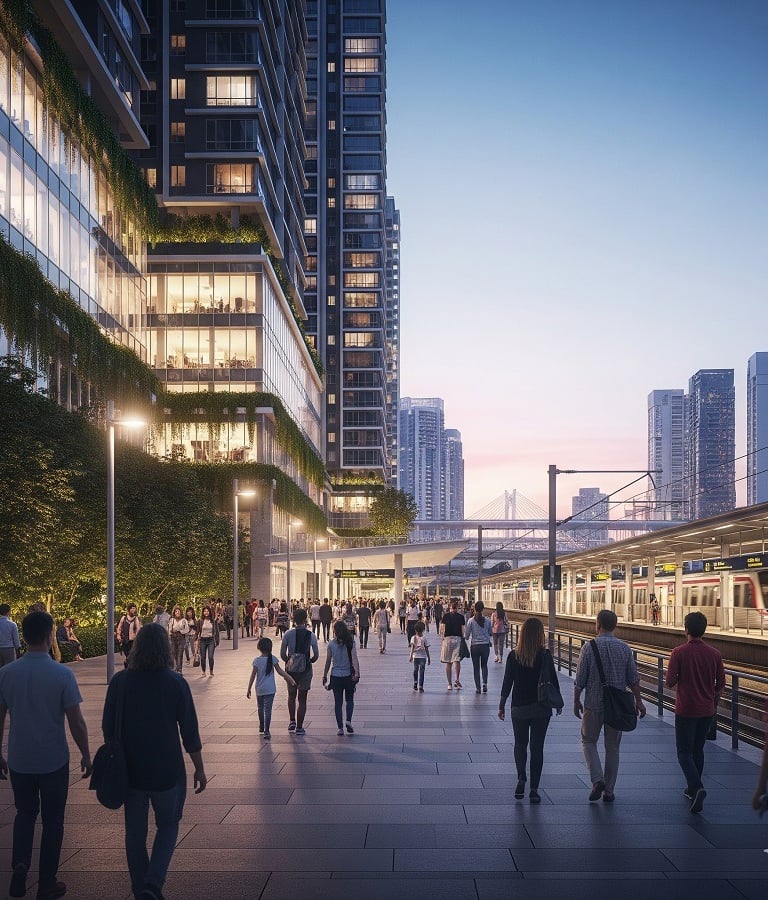 Crowd of commuters walking on a plaza towards a modern train station, representing the RTS Link