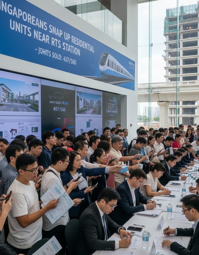 Property sales event crowded with buyers. Sign reads: 'Singaporeans Snap Up Units Near RTS Station.'