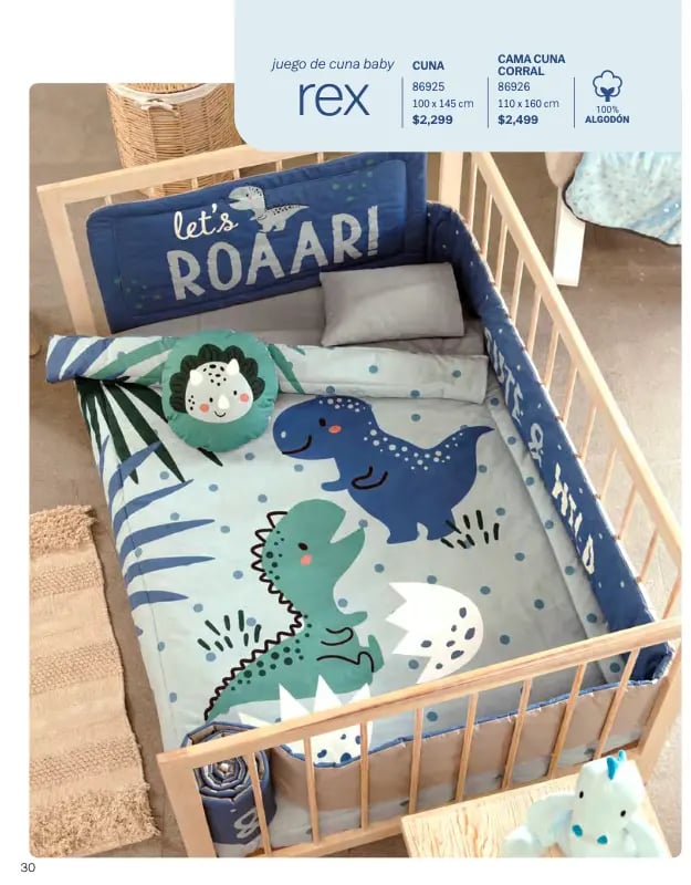 Cunero azul con estampado de dinosaurio modelo Rex de la marca Vianney