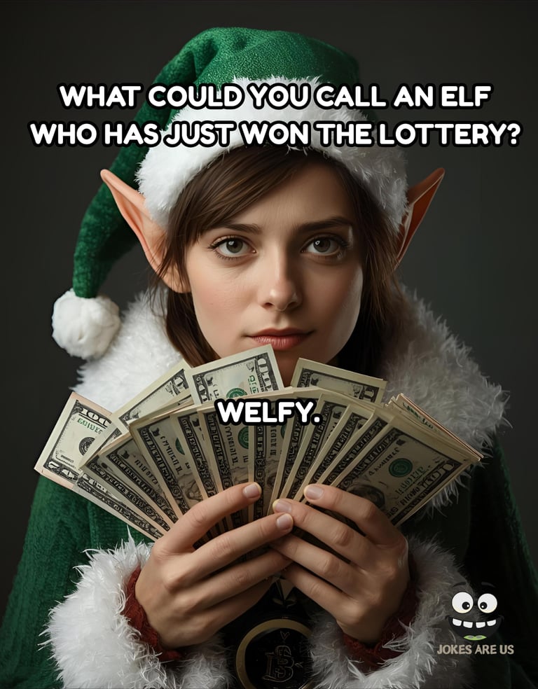 Happy elf displaying cash, featuring a joke: "What could you call an elf who won a lottery? Welfy."