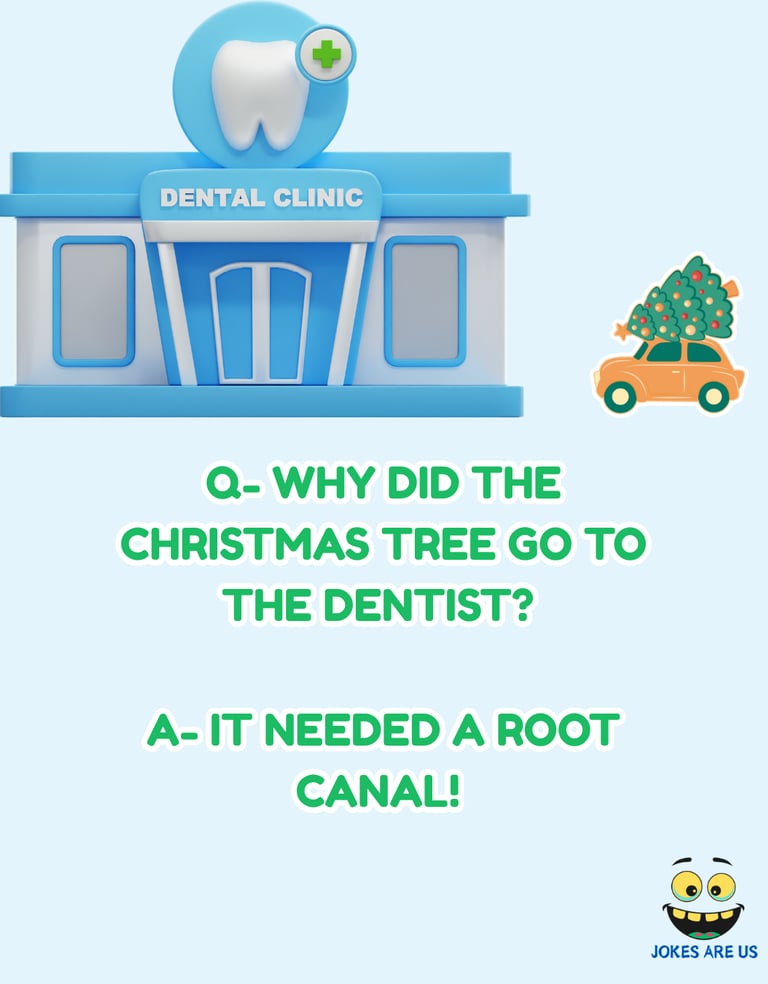  A car carrying a Christmas tree in front of a dental office, with a joke: "It needed a root canal."