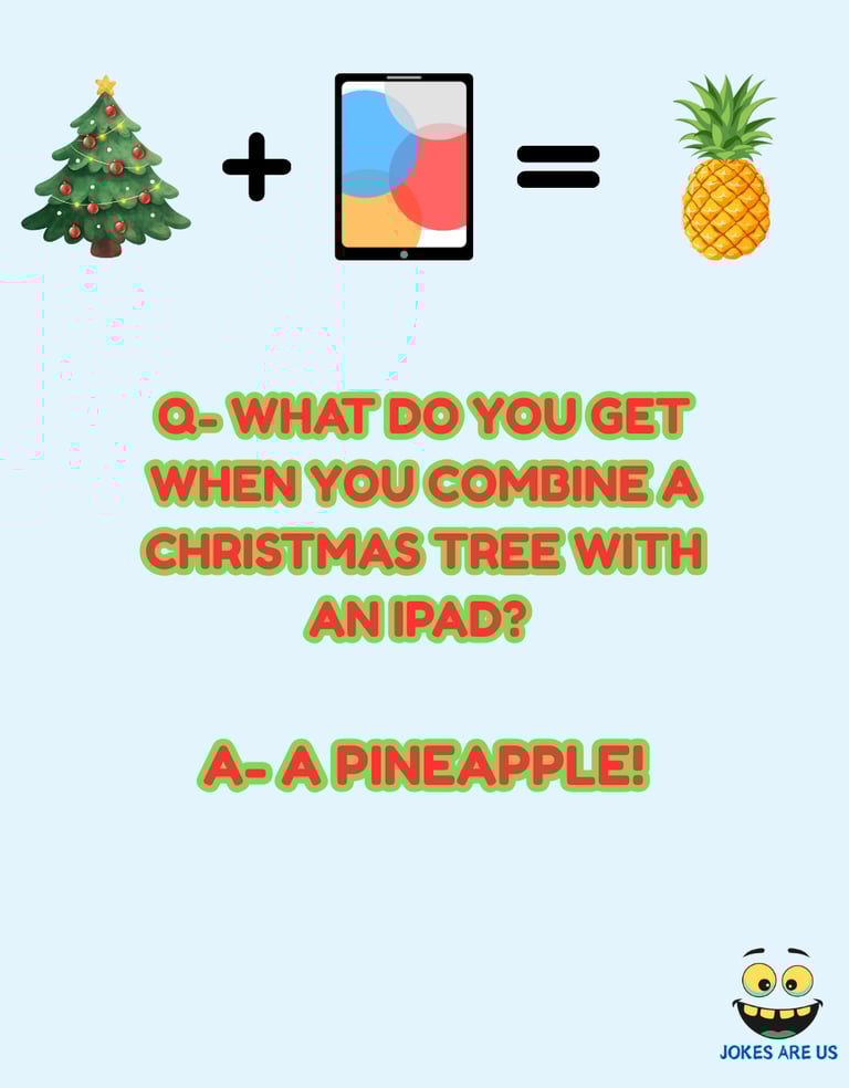 Xmas tree, iPad, and pineapple with a joke: "What do you get when add iPad with tree? A Pineapple!"