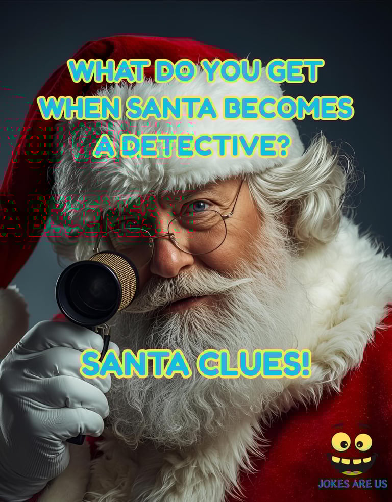 Santa holding magnifying glass, jokes, "What do you get when Santa becomes a detective? Santa clues"