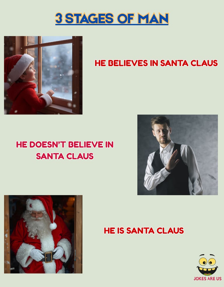 Pic of a boy, a man, and Santa, illustrating the evolution from believing in Santa to embodying him