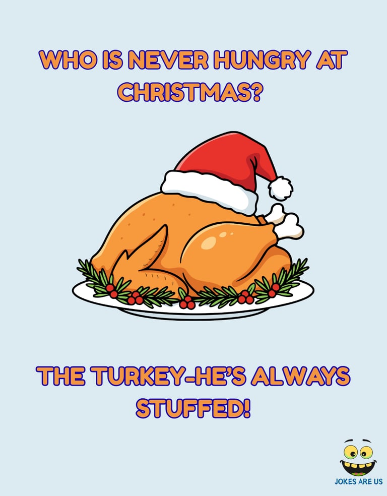 Roasted turkey with funny text: "Who's never hungry at Christmas? The Turkey. He's always stuffed!"