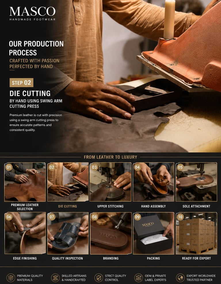 Artisan using a swing arm cutting press for precision leather die cutting in a handmade footwear workshop.
