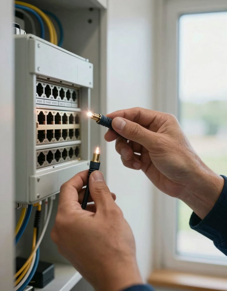 Extreme close-up of a technician's hands holding a fiber optic cable connector up to a wall-mounted distribution box inside a residential hallway, the cable end glinting under bright daylight from a nearby window, junction ports and cable labels visible in the background, sharp documentary framing with no staging