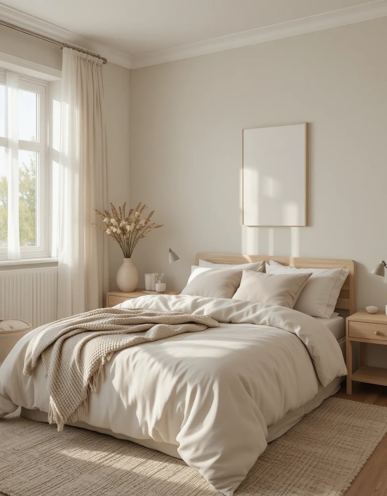 A serene small bedroom decorated in warm whites, soft beige, and taupe tones. Linen bedding