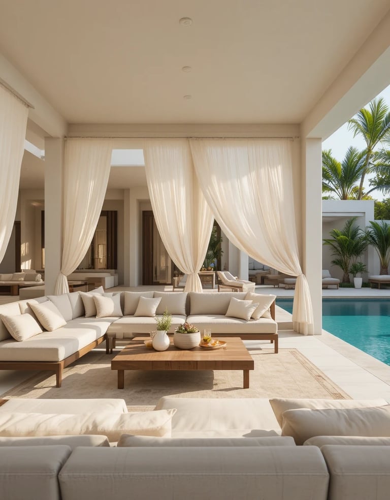 Luxury poolside lounge area with a modern pool house
