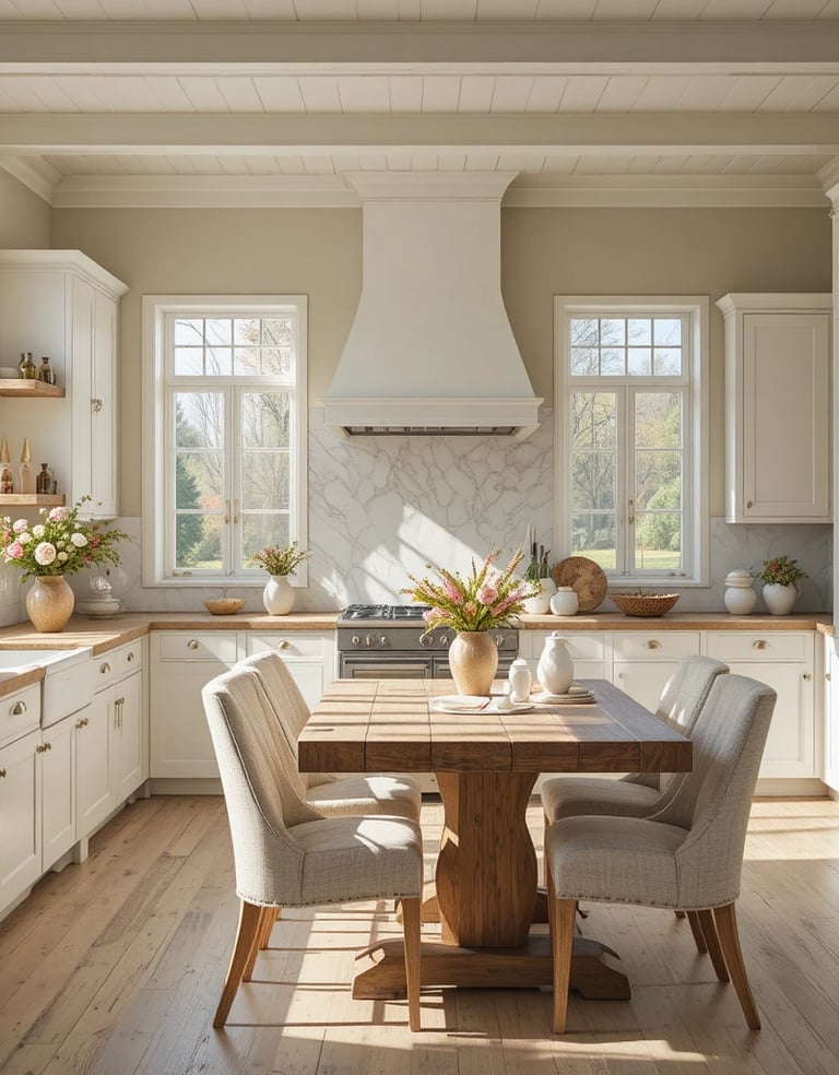 A bright farmhouse kitchen with a neutral color palette featuring white shaker cabinets