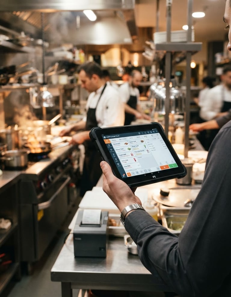 Close-up of a hand holding a modern P5 comandera tablet, displaying a Soft Restaurant Cloud interface for order taking, in a busy, well-lit restaurant kitchen environment, with a chef working in the background. Natural indoor business lighting, sharp focus, 35mm.