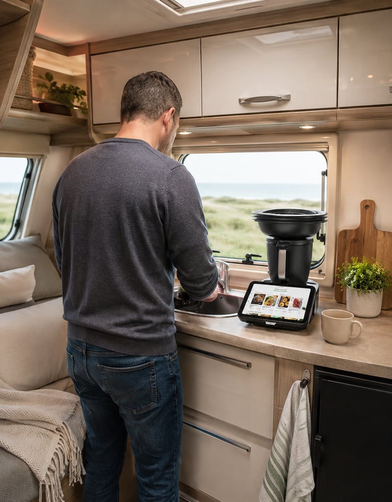 Man washing up in a caravan, the Thermomix is on and ready for cooking beside him.