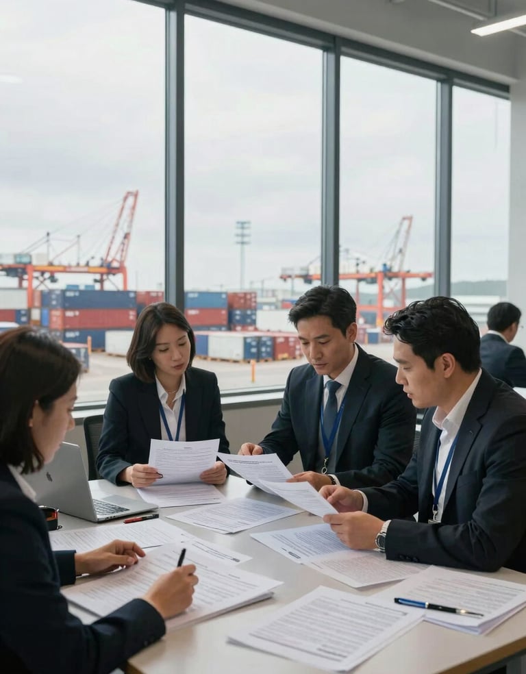 Wide environmental interior of a regional trade office, overcast natural light from tall windows, trade professionals reviewing shipping manifests and customs documents at a large table, port infrastructure visible through glass behind them, no posed faces
