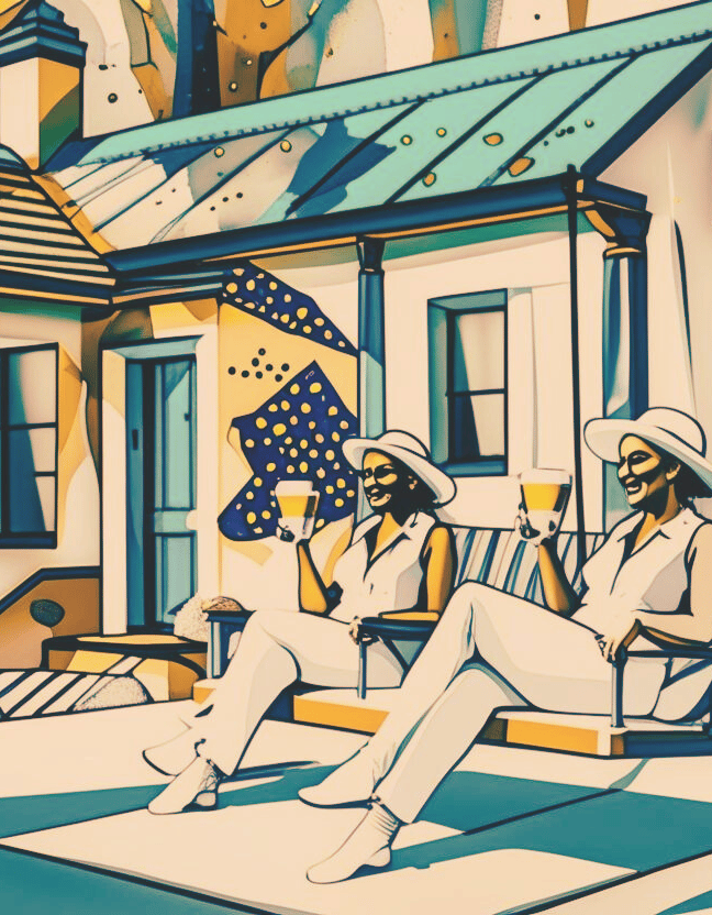 two women sitting on a bench in front of a house