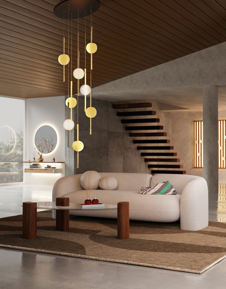 Rendu 3D d’un salon contemporain avec canapé beige, table basse en bois et suspension design dorée à sphères lumineuses.