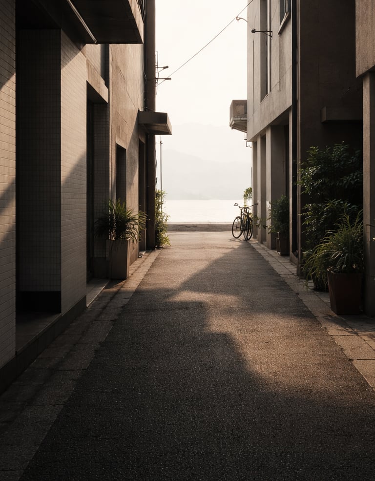 Quiet alley with sunlight, shadows, and water visible in the distance
