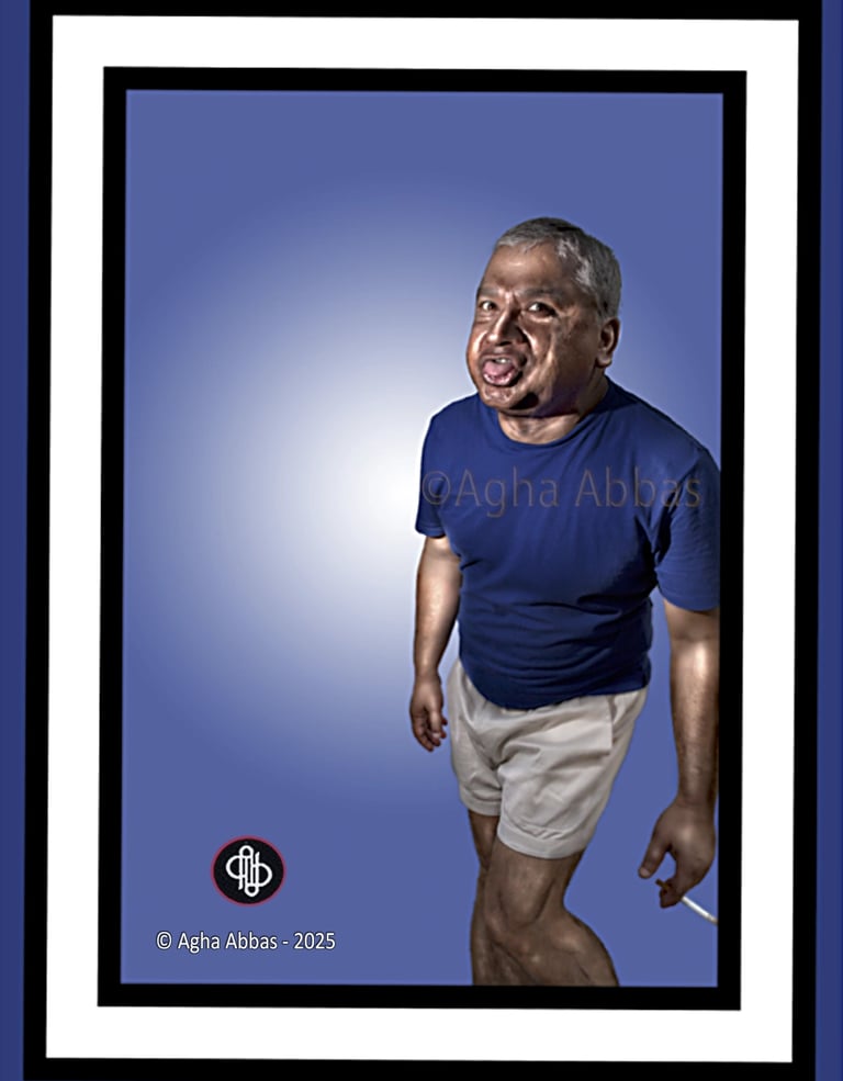 Highly manipulated Photography man in shorts, cigarette in hand, sticking his tongue out. 