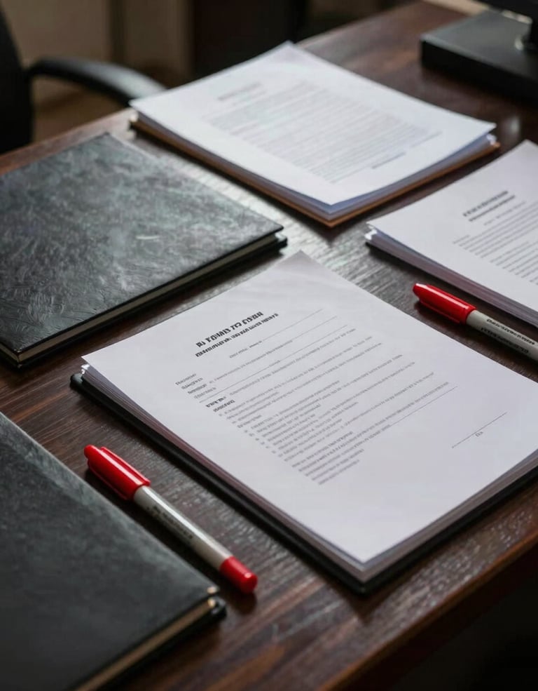 A dark investigative editorial photograph in a Middle Eastern / Levant setting. On a dark slate wooden desk lie official document folders, red ink markers, and confidential report papers in low-key lighting with deep crimson accent highlights, conveying gravity, transparency, and accountability.