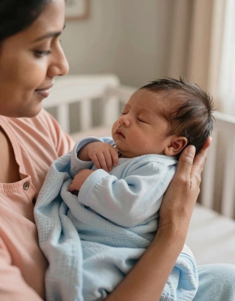 A close-up, warm-toned photograph of a South Asian mother gently cradling a sleeping newborn in a sunlit nursery. The room is decorated with soft peach and light blue linens, creating a nurturing and calm atmosphere. The lighting is soft and natural, catching the gentle textures of the baby's blanket.