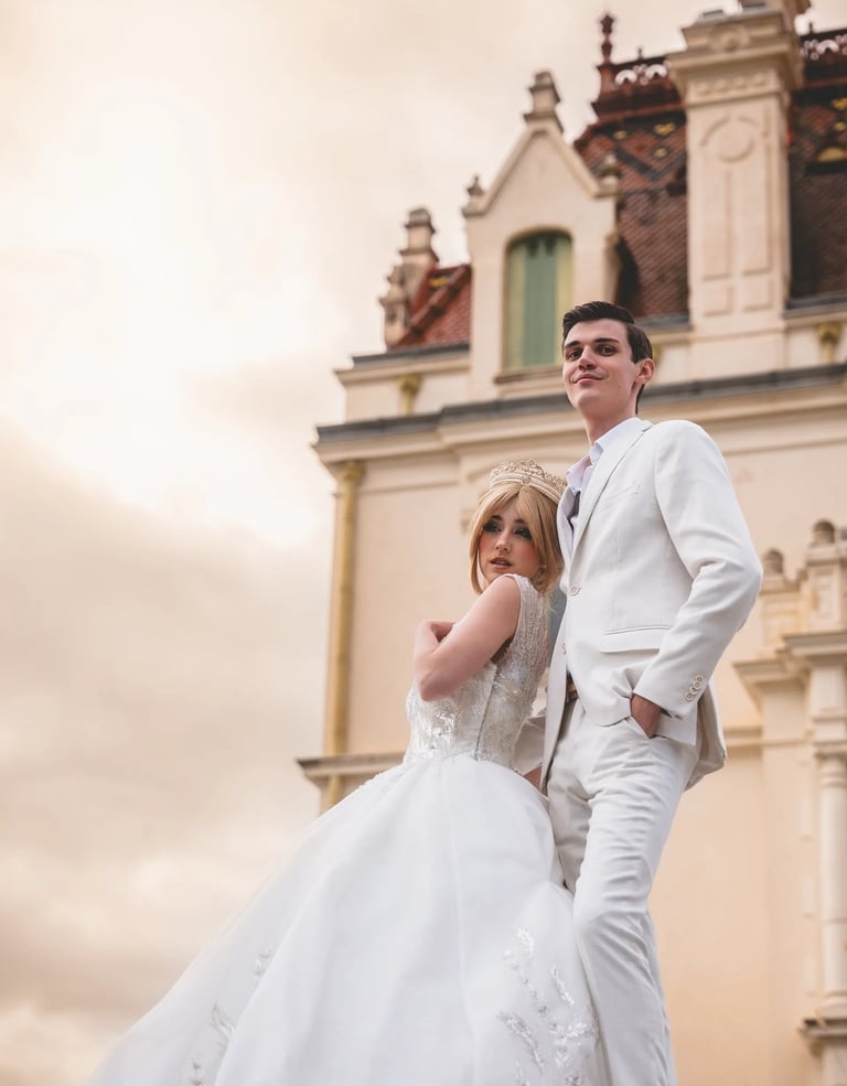 Un couple en tenues de mariage à Perpigna ,la femme porte une robe de bal princesse et une couronne